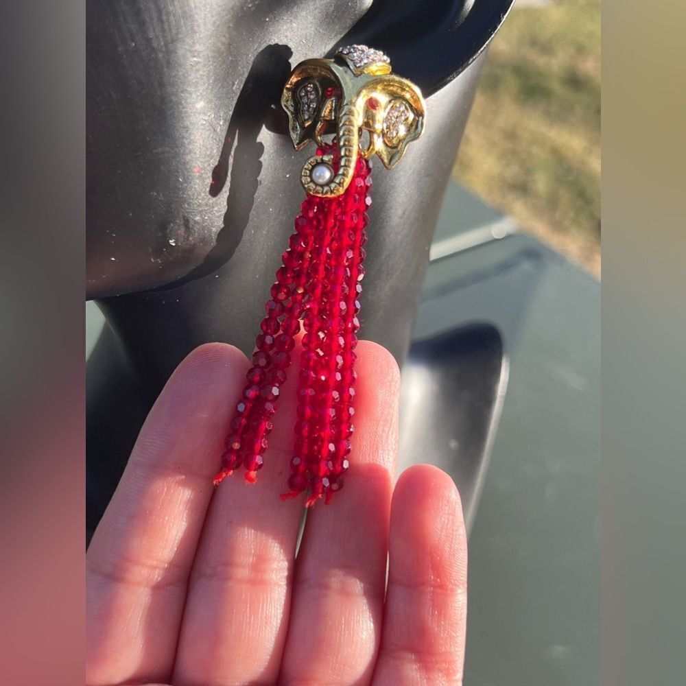 Golden Elephant Tassel Earrings - Picture 3 of 5